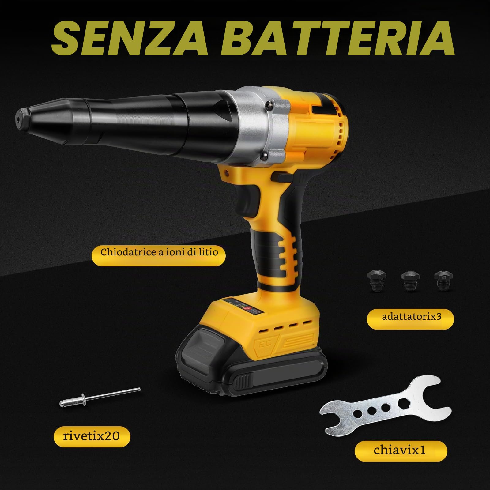 Rivettatrice a batteria con 20 rivetti per Dewalt 20V (senza batteria) | Pistola Rivettatrice Professionale Brushless, Luce LED, 3 Adattatori e Chiave, per Metallo, Plastica e Pelle