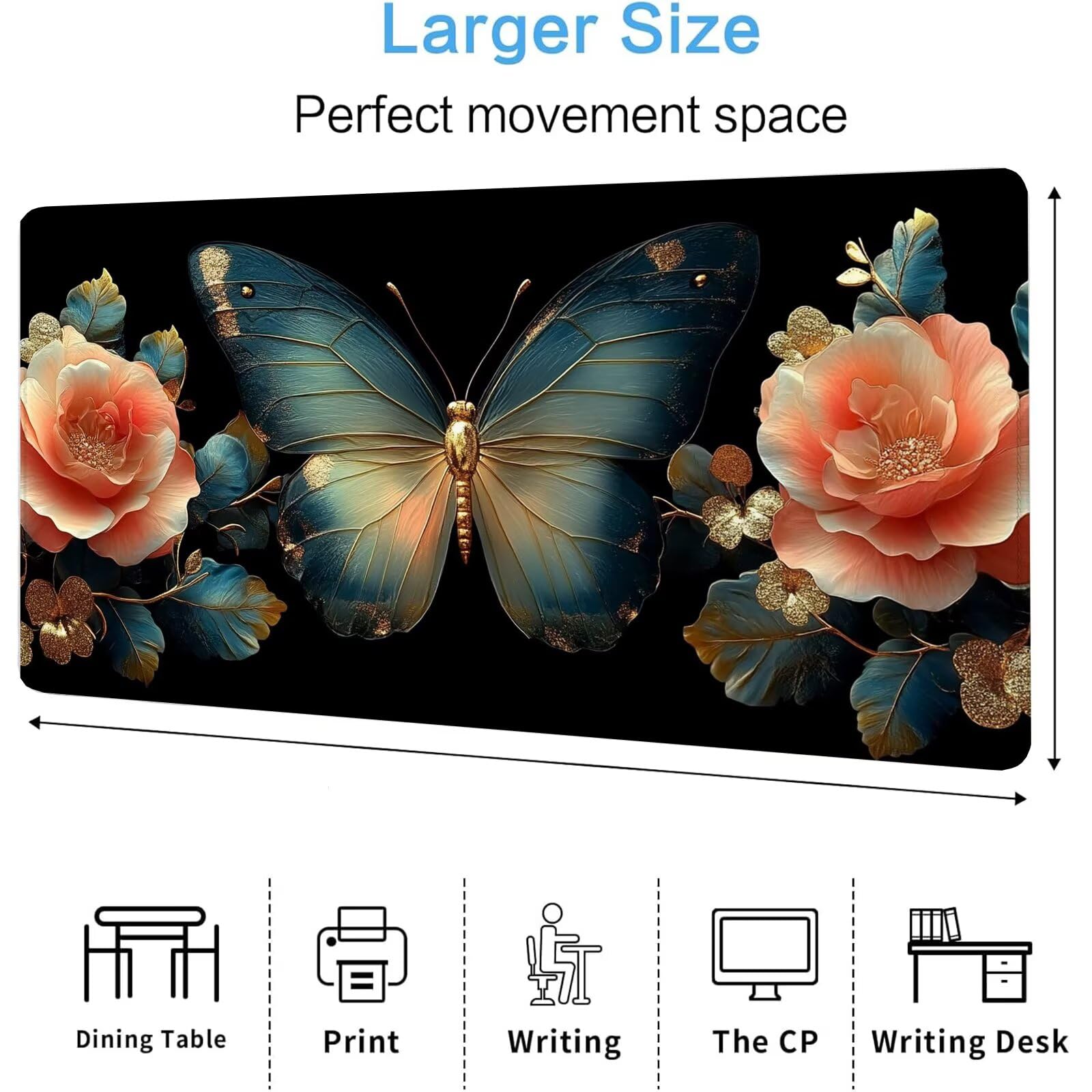 Podkładka pod mysz motyl podkładka pod mysz XXL kwiaty 1000 x 500 x 4 mm podkładka pod mysz dla graczy, podkładka pod mysz do laptopa, podkładka pod mysz i klawiaturę A-330