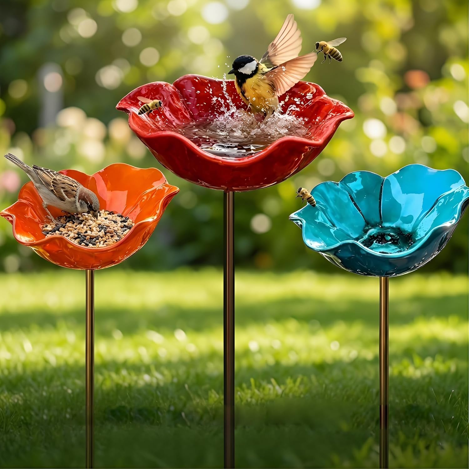 ghfdaz Garden Bird Bath & Bee Watering Station, Metal Flower Stakes, Bird Bath And Feeder For Garden Rain Catcher,Style3