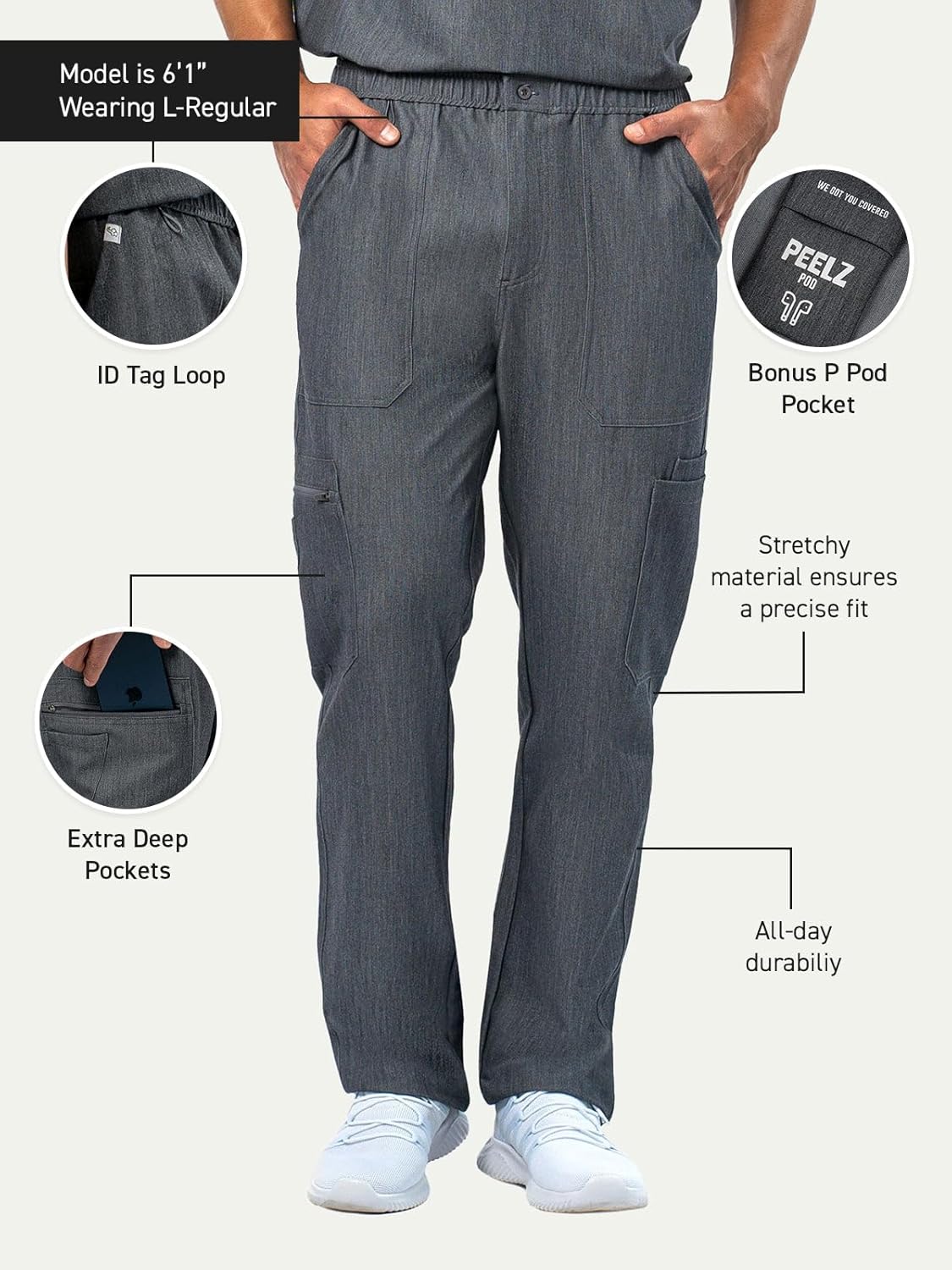 Peelz Kyle Cargo 9-Pocket Straight-Leg Scrub Pants for Men - Elastic Waistband, Soft Men’s Scrubs, Comfort Fit - Image 3