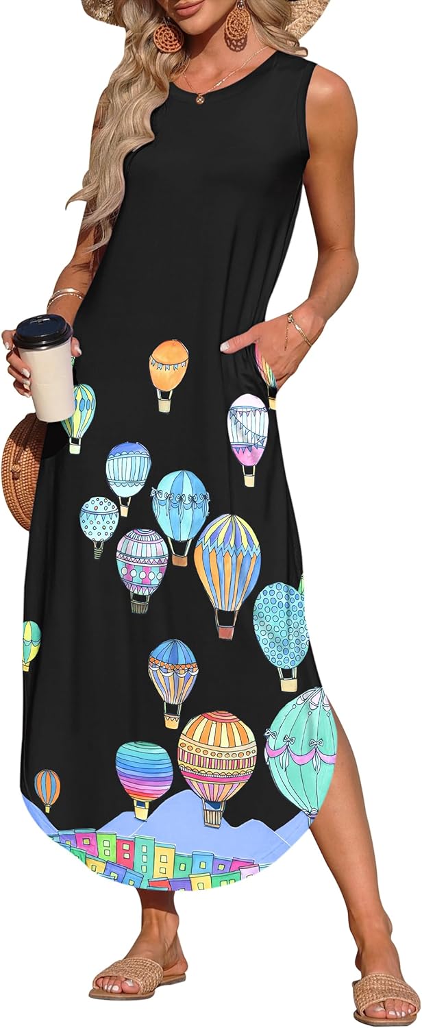 AUSELILY Womens Summer Dresses 2025 Casual Sleeveless Maxi Dress Loose Crewneck Sundresses Split Long Tank Dress with Pockets