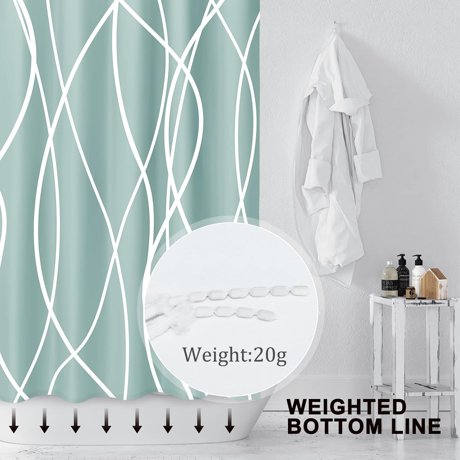 Punkray Light Green Shower Curtain for Bathroom with Hooks Shower Curtain Set, White Stripe Bath Curtains Decorative Shower Curtains Water Repellent Washable, 72 x 72