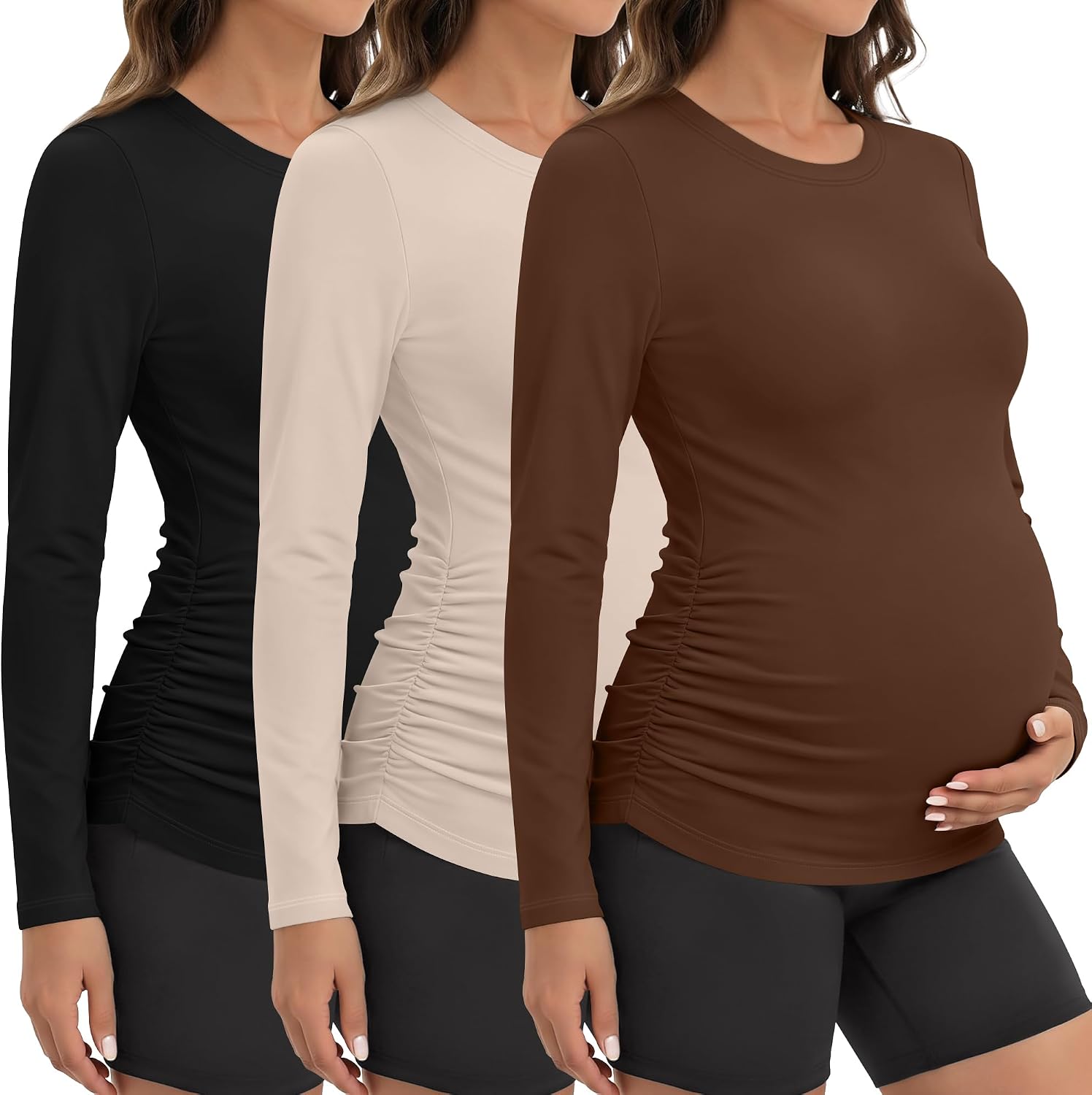 Oakgarden 3 Pack Women's Maternity Athletic Yoga Shirts Pregnancy Long Sleeve Side Ruched Tops Casual Crew Neck Basic Tee