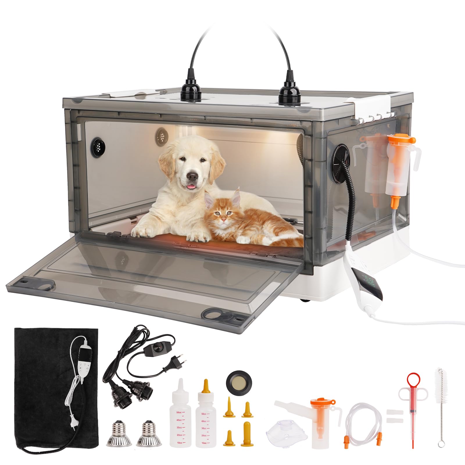 85 Incubadora para Cachorros y Gatitos Plegable Caja Incubadora para Perros con Calefacción Termómetro Visual Nebulizador para Mascotas Aves PáJaros Reptiles (85 L)