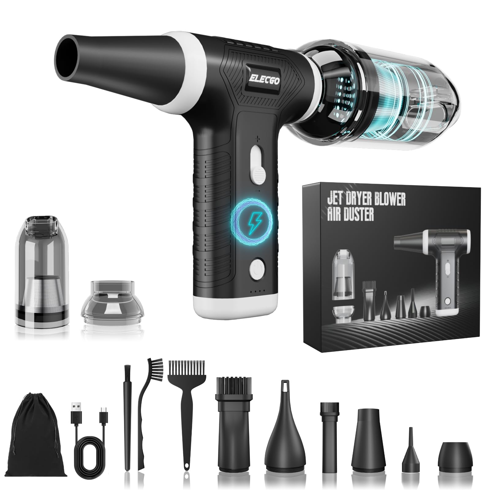 Soufflette Air Comprimé et Aspirateur 2 en 1, 150000 TR/Min Cordless Air Duster, 9000pa Aspirateur électrique avec moteur sans balais, vitesse réglable, Dépoussiérant pour Nettoyage PC, Voiture