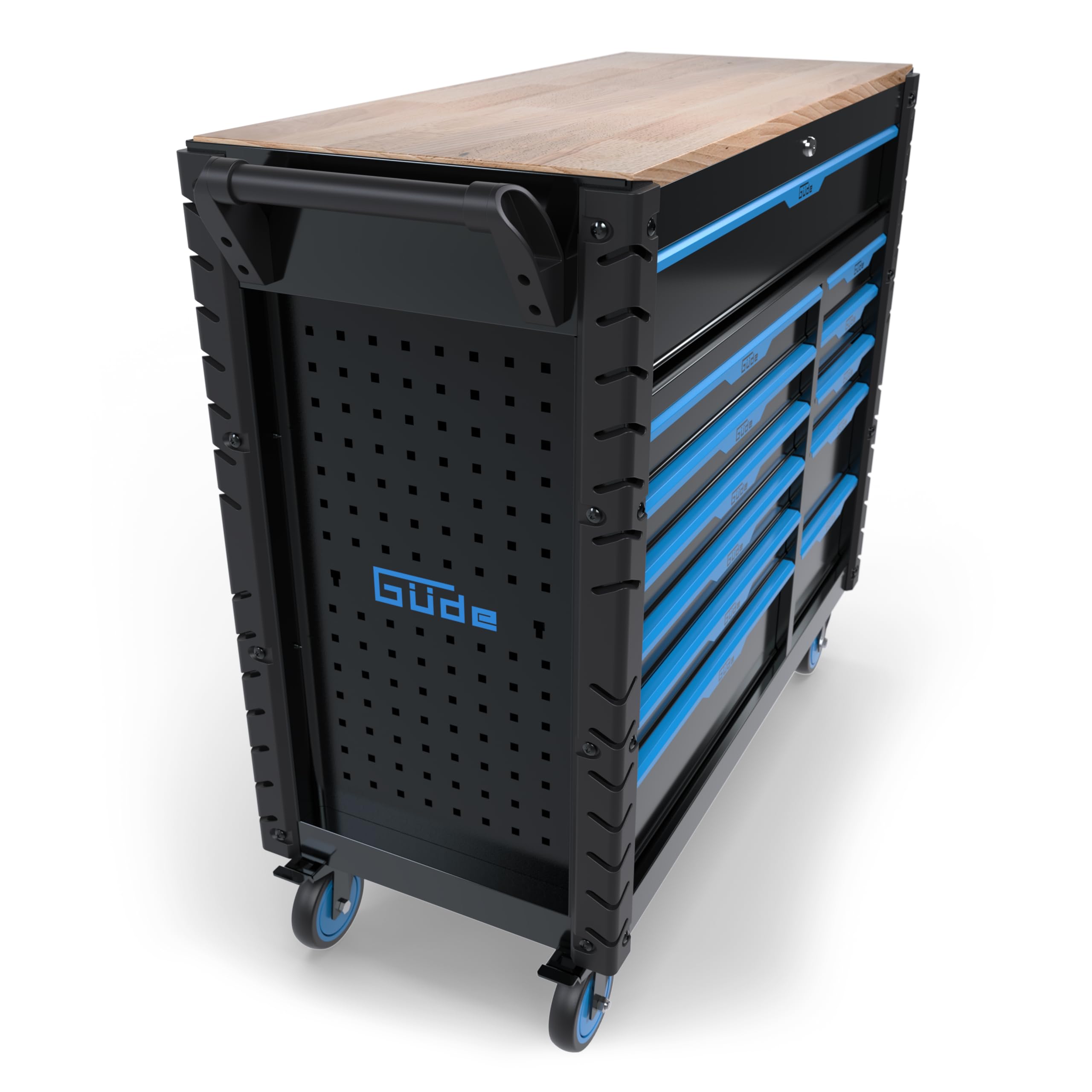 Güde GW 12S Mobile Werkbank - pulverbeschichtete Stahlkonstruktion, 400 kg Traglast, 12 kugelgelagerte Softclose-Schubladen, Arbeitsplatte aus Gummibaumholz, seitliche Lochwände, Zentralverriegelung