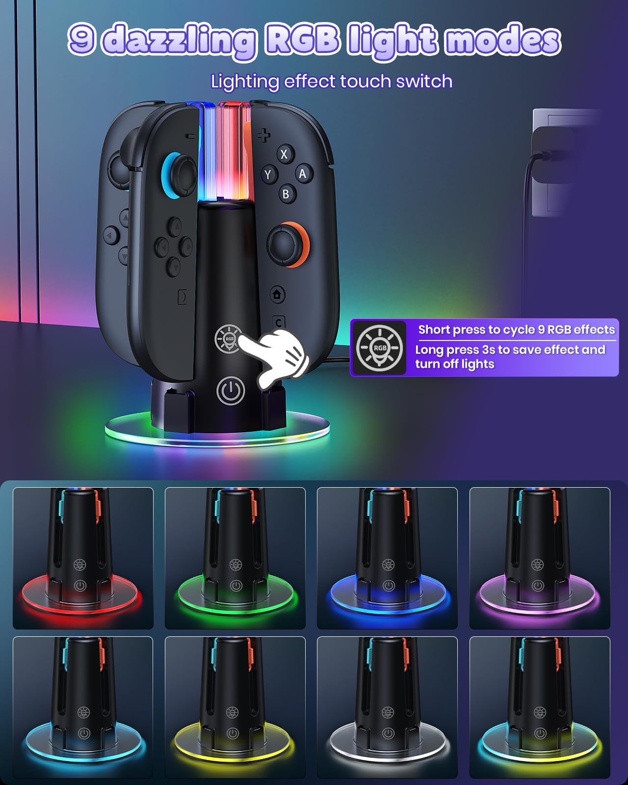 RVB Station de Charge 4-en-1 pour Switch 2/1/OLED pour Joycon 2/1 | FYOUNG Chargeur Dock Compact avec LED RVB & Indicateurs de Charge, Support de Recharge pour Joycon 2 & 1