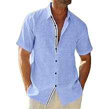 Camisa masculina com bot&atilde;o de linho e manga curta casual leve camisas de praia de ver&atilde;o, tops de casamento de f&eacute;rias