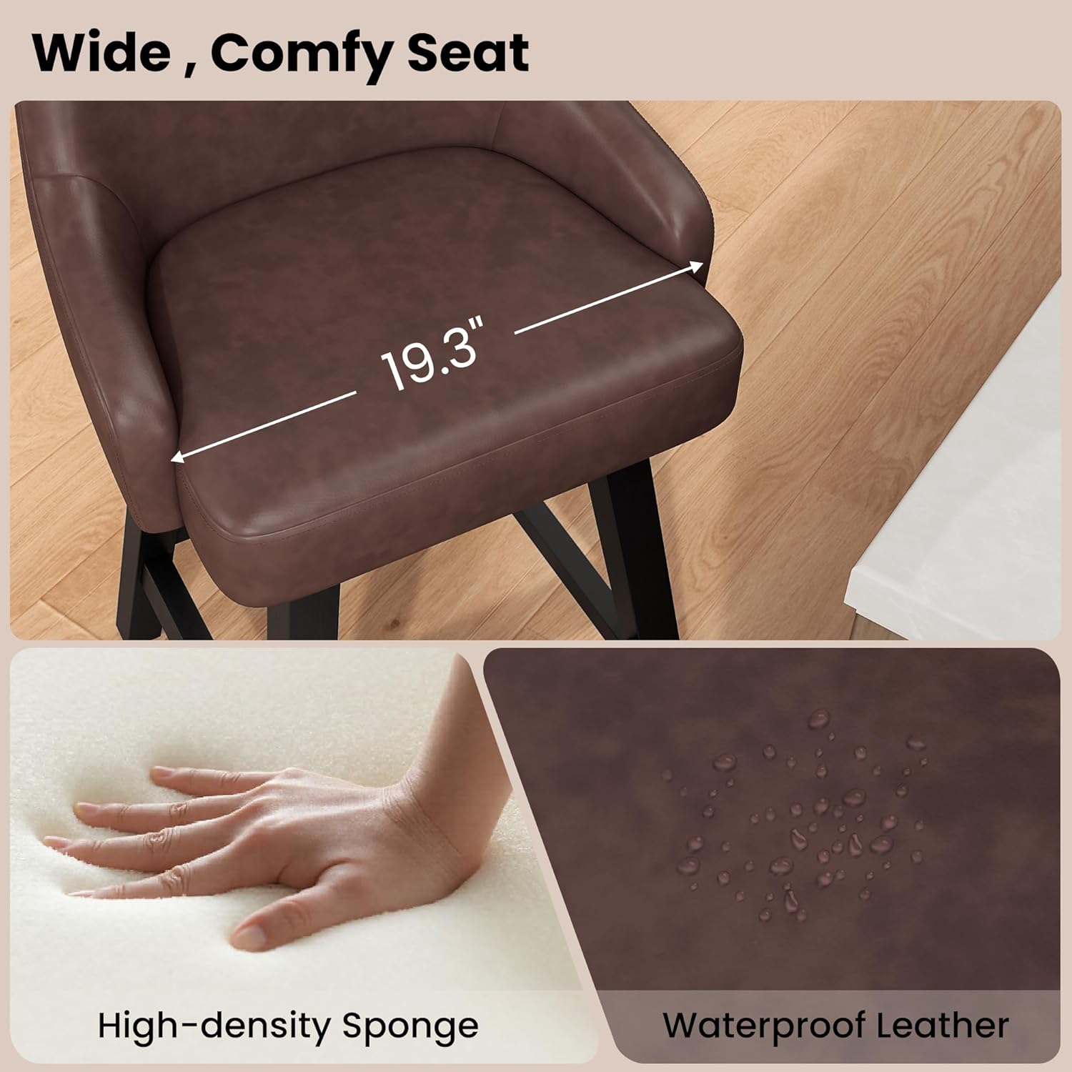 REONEY Swivel Bar Stool Set of 2, 24" Upholstered Counter Height Barstools with Back & Solid Wood Legs, Modern Faux Leather Kitchens Island Chair for Dining Room Pub, Brown