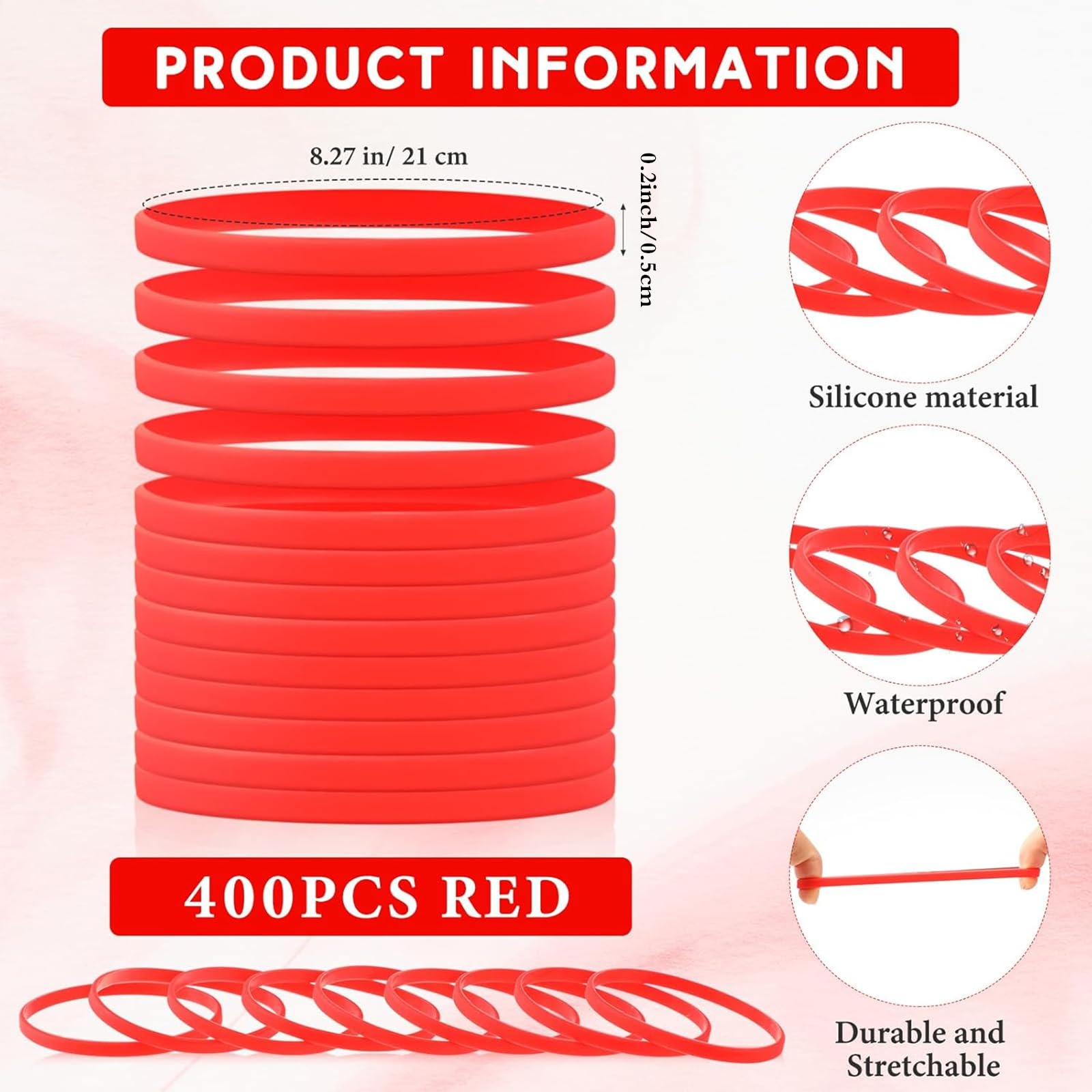 Liliful 400 braccialetti in silicone in tinta unita, in gomma bianca, per sport, elastici, per adulti, uomini, donne, adolescenti (rosso)