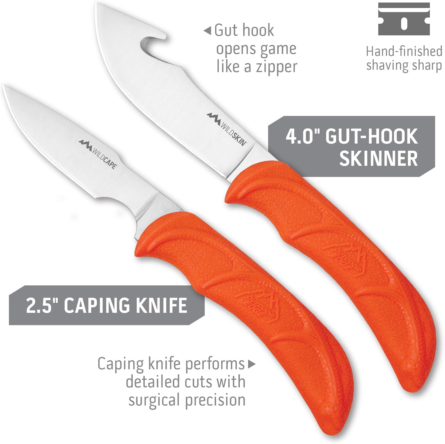 OUTDOOR EDGE WildPak with 3.5" Orange RazorLite Knife and 30 Replacement Blades | Field Dressing Kit, Complete 8-Piece Portable Butcher Game Processor Set | Perfect Hunting Knife for Skinning Deer