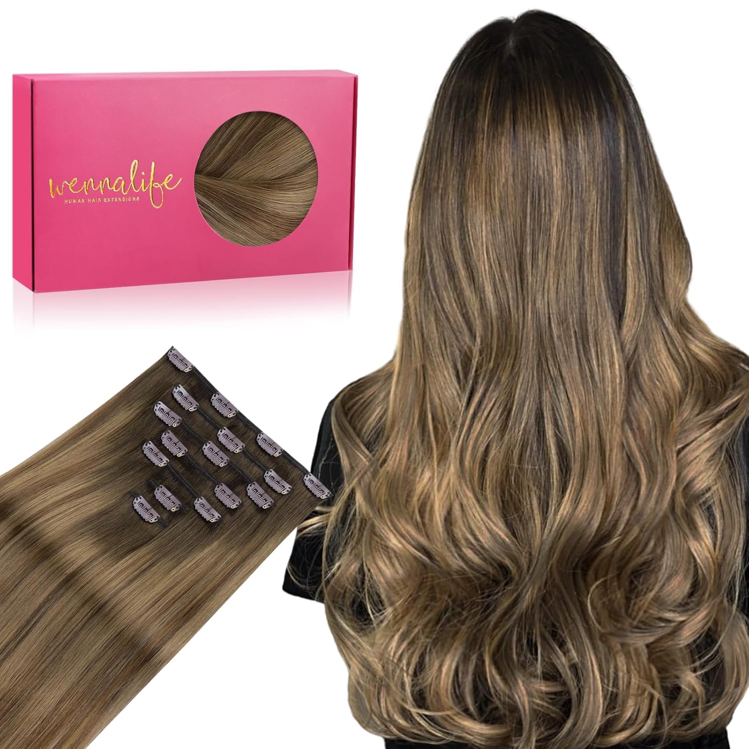 WENNALIFE Clip in Hair Extensions - Real Human Hair, 22 Inch 120g 7pcs, Light Ash Brown to Warm Chocolate Highlighted Caramel Blonde