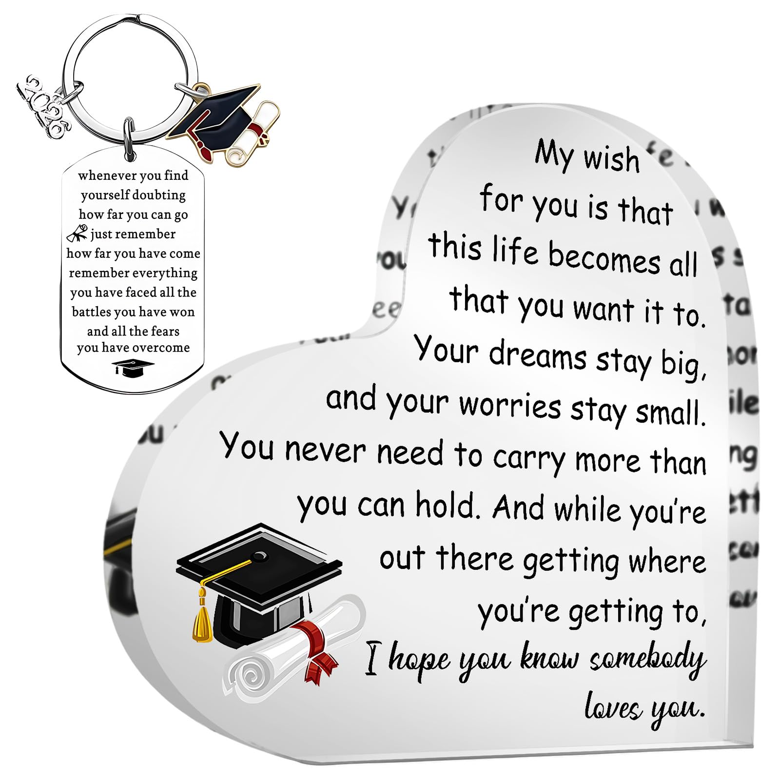 llikknve Graduation Gifts Set, Personalised Graduation Gifts, Heart-Shaped Acrylic Plaque and 2026 Stainless Steel Keyring, for Her and Him