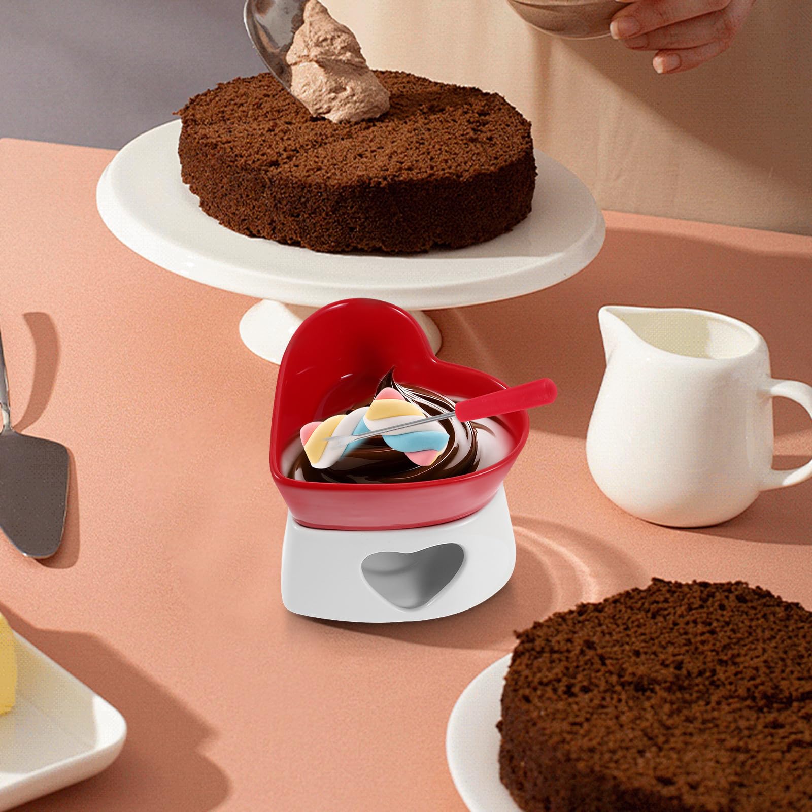 VALICLUD Set Fonduta in Ceramica a Cuore per Cioccolato e Formaggio