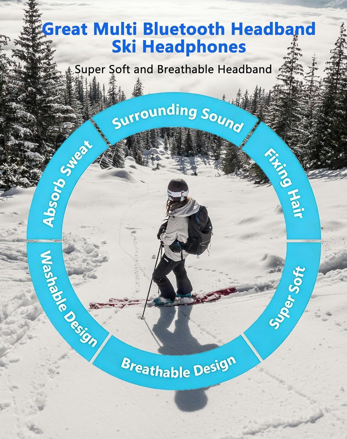 SkiTunes Music Headband with Microphone - Bluetooth 5.4 Ski Tunes Headphones, Built-in Speakers, Soft Helmet-Friendly Design, Wireless | No Pressure - Music Without Ear Pain for Skiing (Black) - Image 2