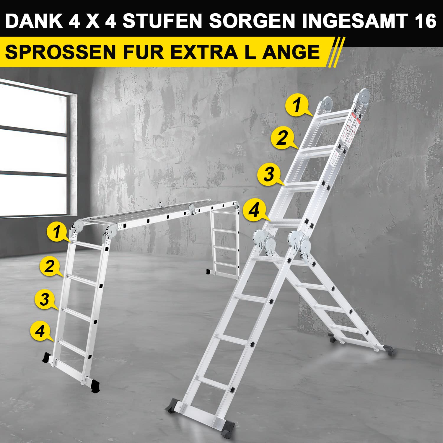 Herrselsam Scala multiuso 4 x 4, 7 in 1, 470 cm, in alluminio, con 2 piattaforme e ruote, portata massima 150 kg, scala multifunzione 16 pioli (DY8972-M-1x)