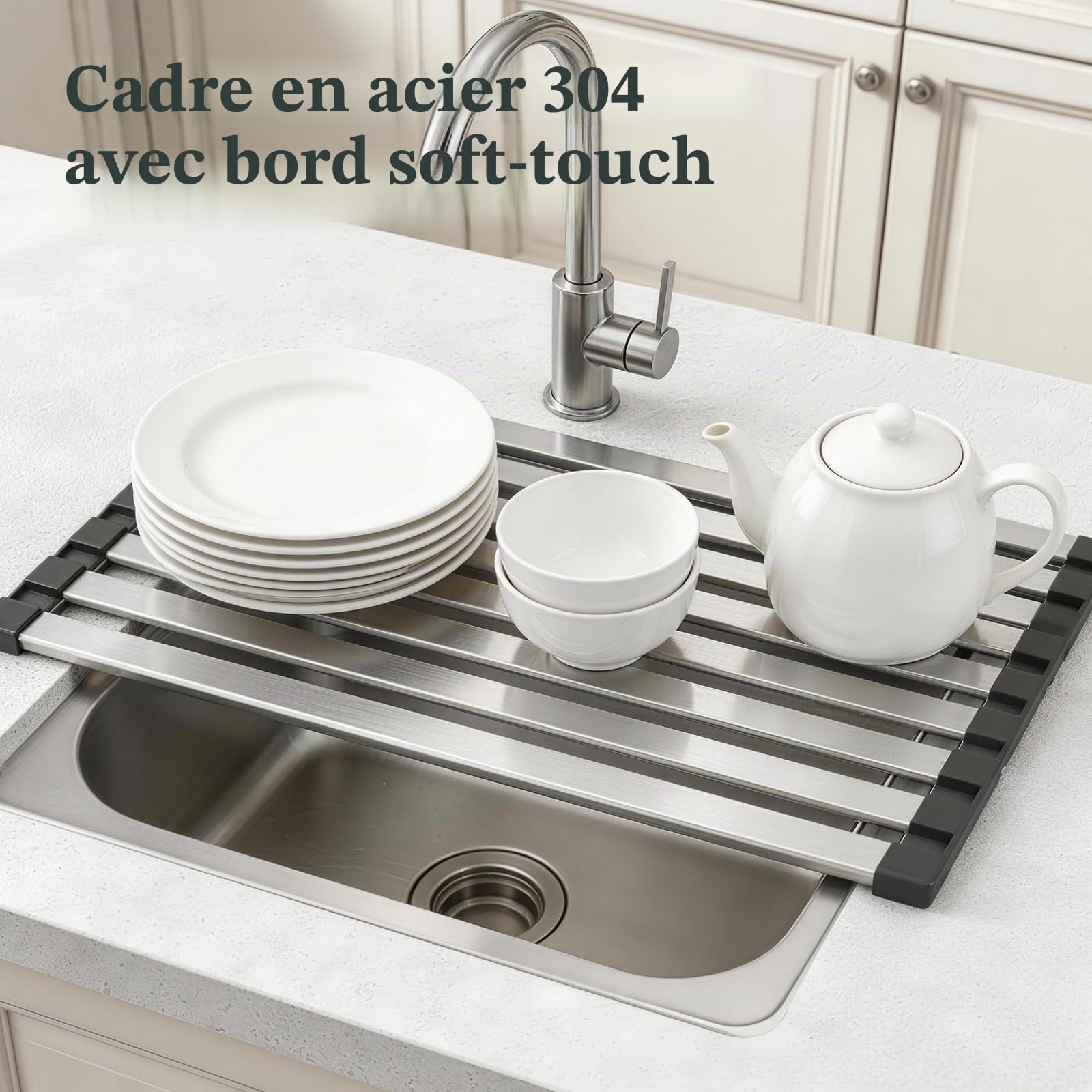 Égouttoir Vaisselle Pliable Acier Alimentaire 42x32,5cm | Avec Pieds Antidérapants en Silicone. Organisateur Pratique pour Évier et Plan de Travail, Facile à Plier et Ranger