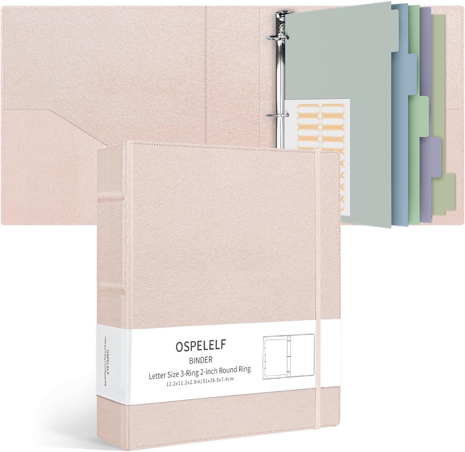 Ospelelf Vintage Hardcover 3 Ring 2 inch Leather Binder, Professional Binders Organizer Suitable for Letter Size Documents, Binder Dividers with Tabs, Rose Gold