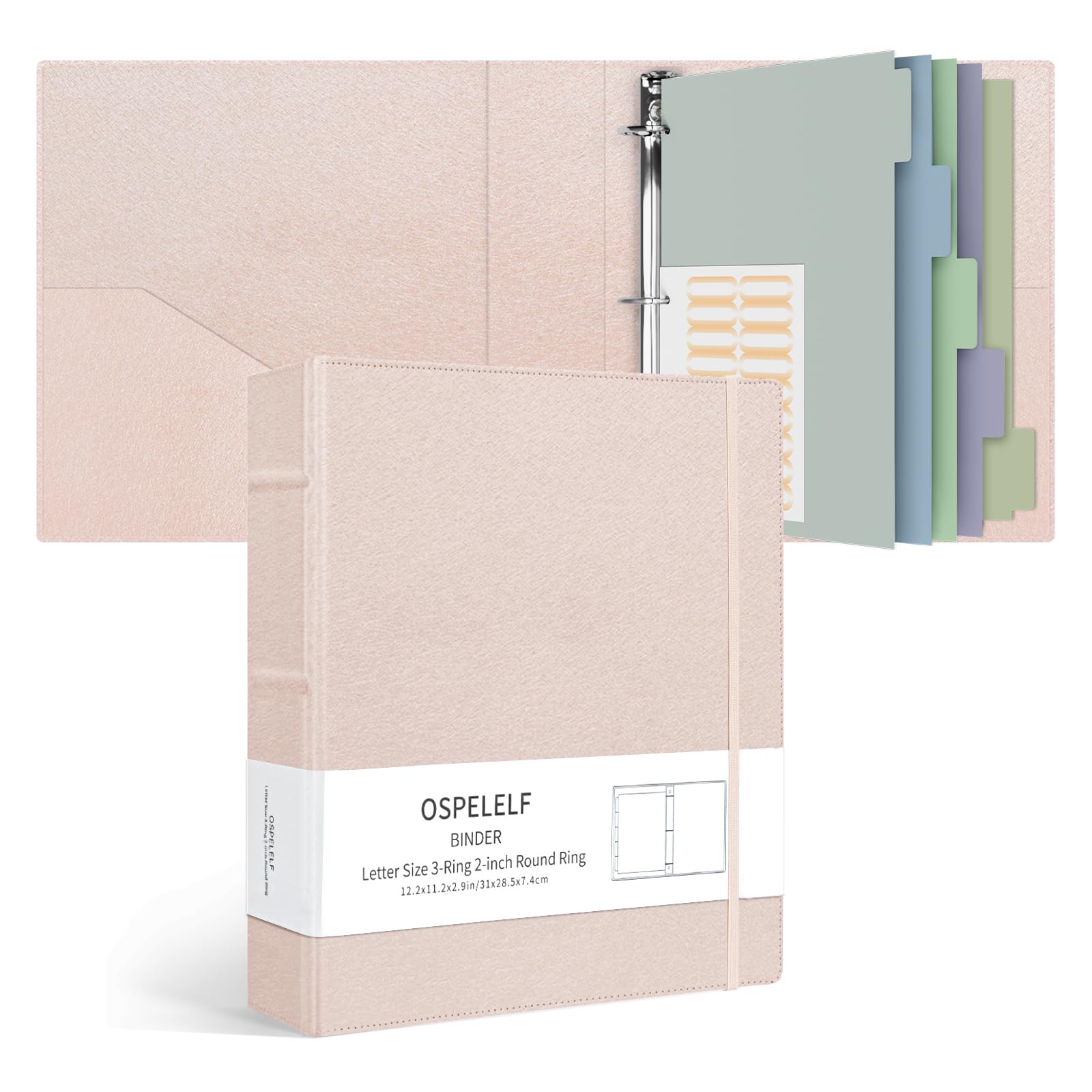Ospelelf Vintage Hardcover 3 Ring 2 inch Leather Binder, Professional Binders Organizer Suitable for Letter Size Documents, Binder Dividers with Tabs, Rose Gold