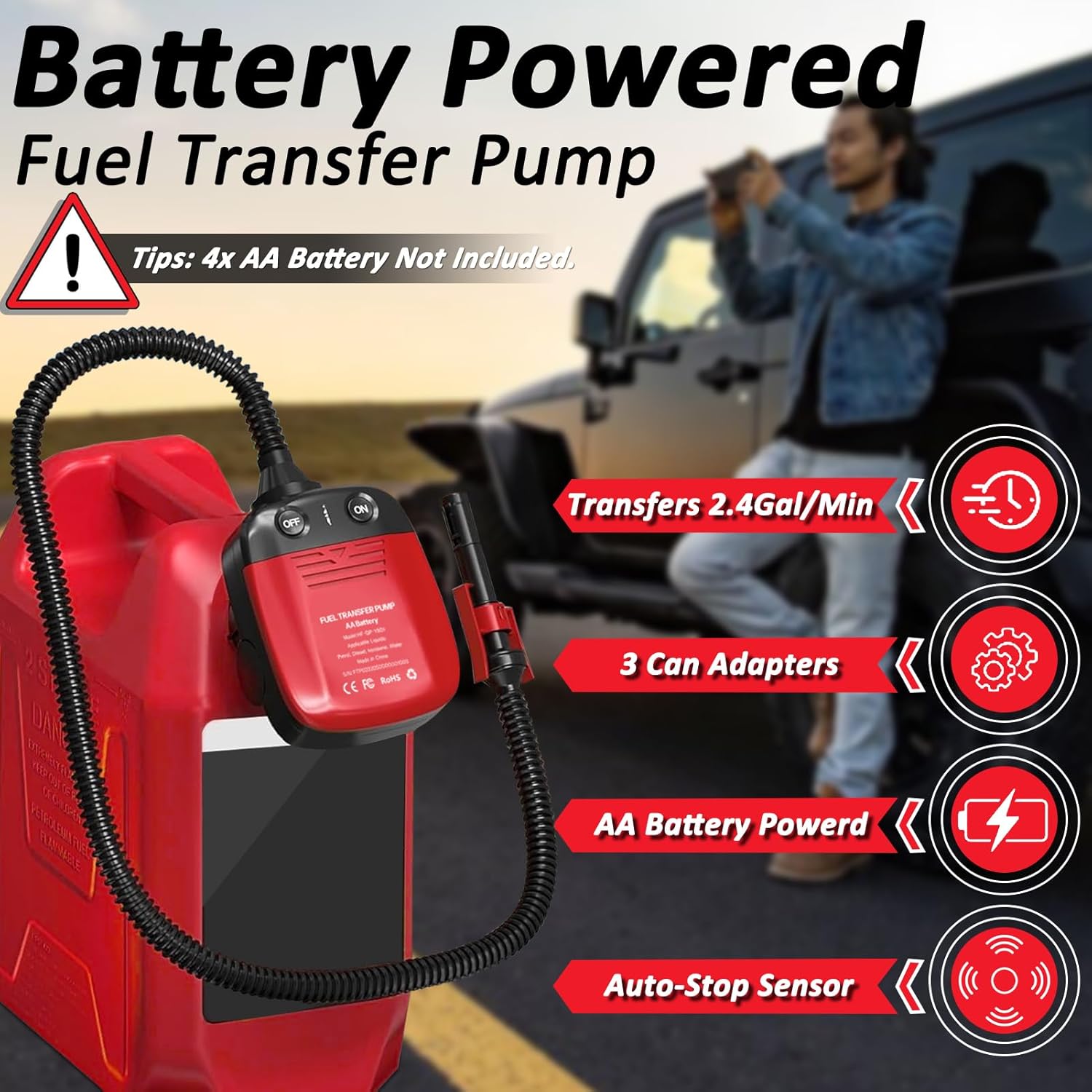 Gas Pump for Gas Can with Auto Shut Off Nozzle, 42-inch Hose AA Battery Powered Gas Can Pump, Electric Fuel Transfer Pump with 3 Adapters, Gas Pump Ideal for Gasoline, Diesel, Kerosene Transfer