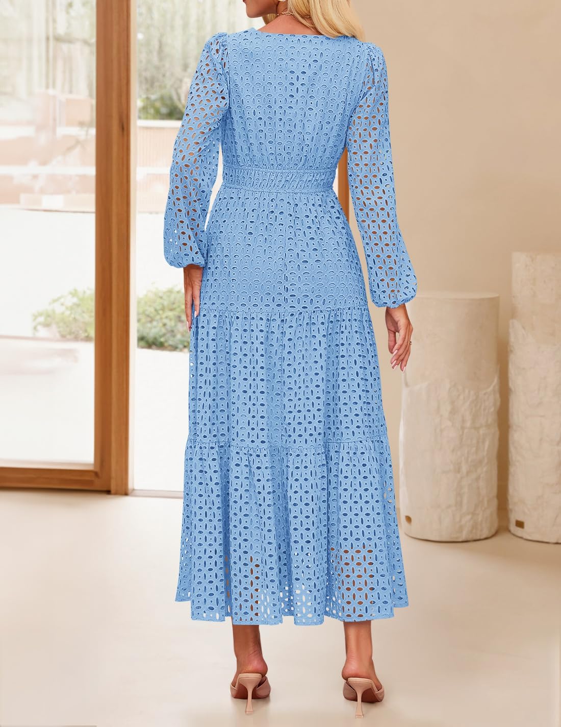 ZESICA Women's 2026 Spring Long Sleeve Maxi Dress V Neck Hollow Out Eyelet A Line Long Flowy Casual Party Dresses - Image 4