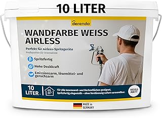 derendo Wandfarbe Weiß Airless deckend – Direkt spritzfähig ohne Verdünnen, hochdeckende Innenfarbe für Airlessgerät, matt, tropfarm & gebrauchsfertig dispersionsfarbe weiß innen (10 l)