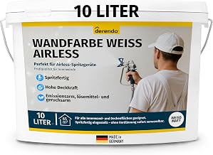 derendo Wall Paint White Airless Opaque - Direct Spray without Diluting, High Coverage Interior Paint for Airless Device, Matt, Low Drip & Ready to Use Emulsion Paint White Interior (10 L)