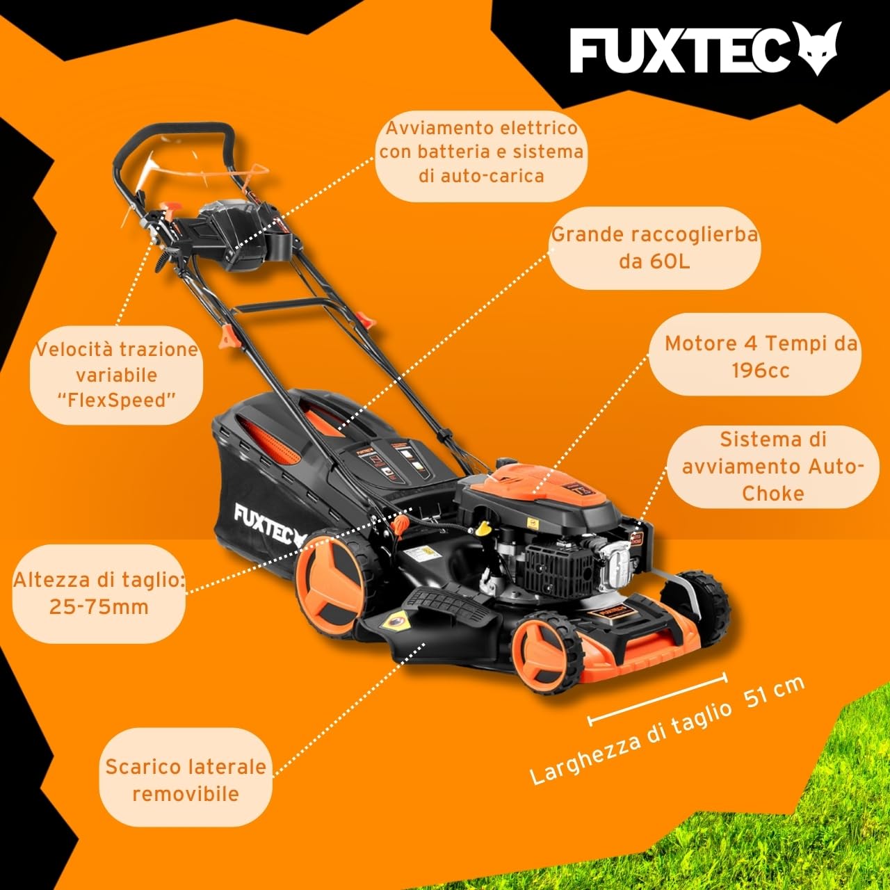 Tagliaerba a benzina con avviamento elettrico e trazione regolabile FX-RM5196eS-PRO FUXTEC tosaerba a scoppio semovente e mulching