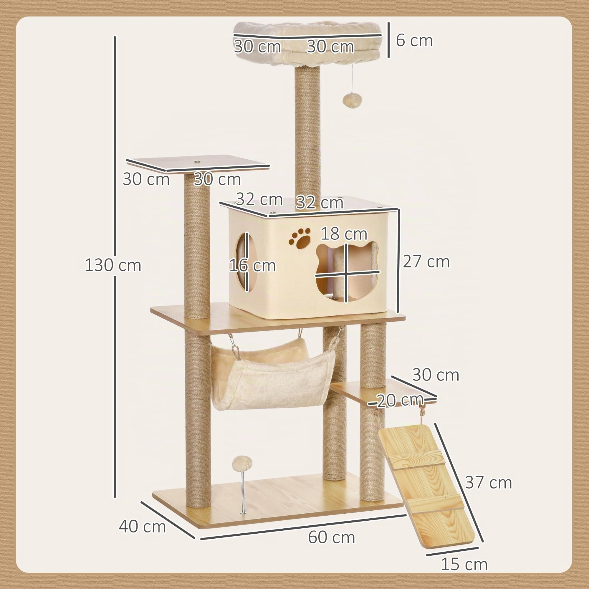 PawHut Árbol Rascador para Gatos 130 cm con 5 Plataformas, Hamaca, Beige | Árbol para Gatos, Escalera, Cueva, Postes de Yute, Bola Colgante