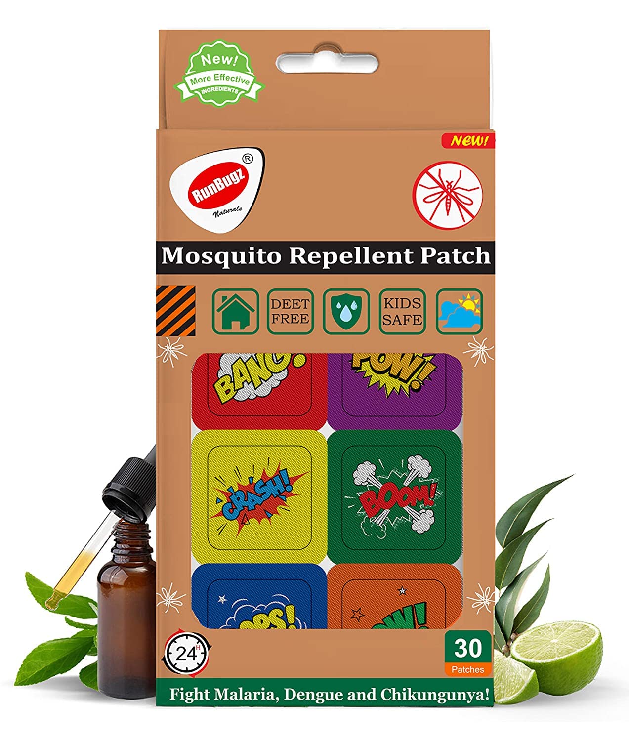 Runbugz Natural Boom Mosquito Repellent Patches for Kids with 24hr Protection (30 Patches - Pack of 3) - with Citronella, Lemongrass & Eucalyptus Oil Protects from Dengue, Malaria, Chikungunya