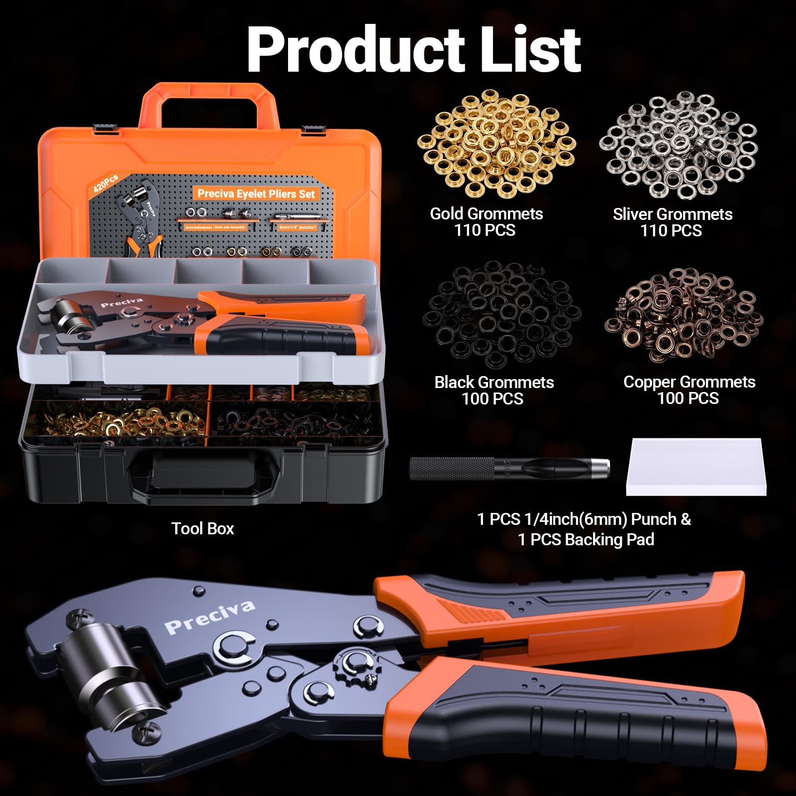 Preciva Kit de Pince à œillet Avec Coffret, Comprenant Quatre Couleurs œillet Couture 6 Mm (420 Pièces), Idéal Pour Bâches, Tissu, Toile, Carton, Bannières En PVC Et Le Bricolage