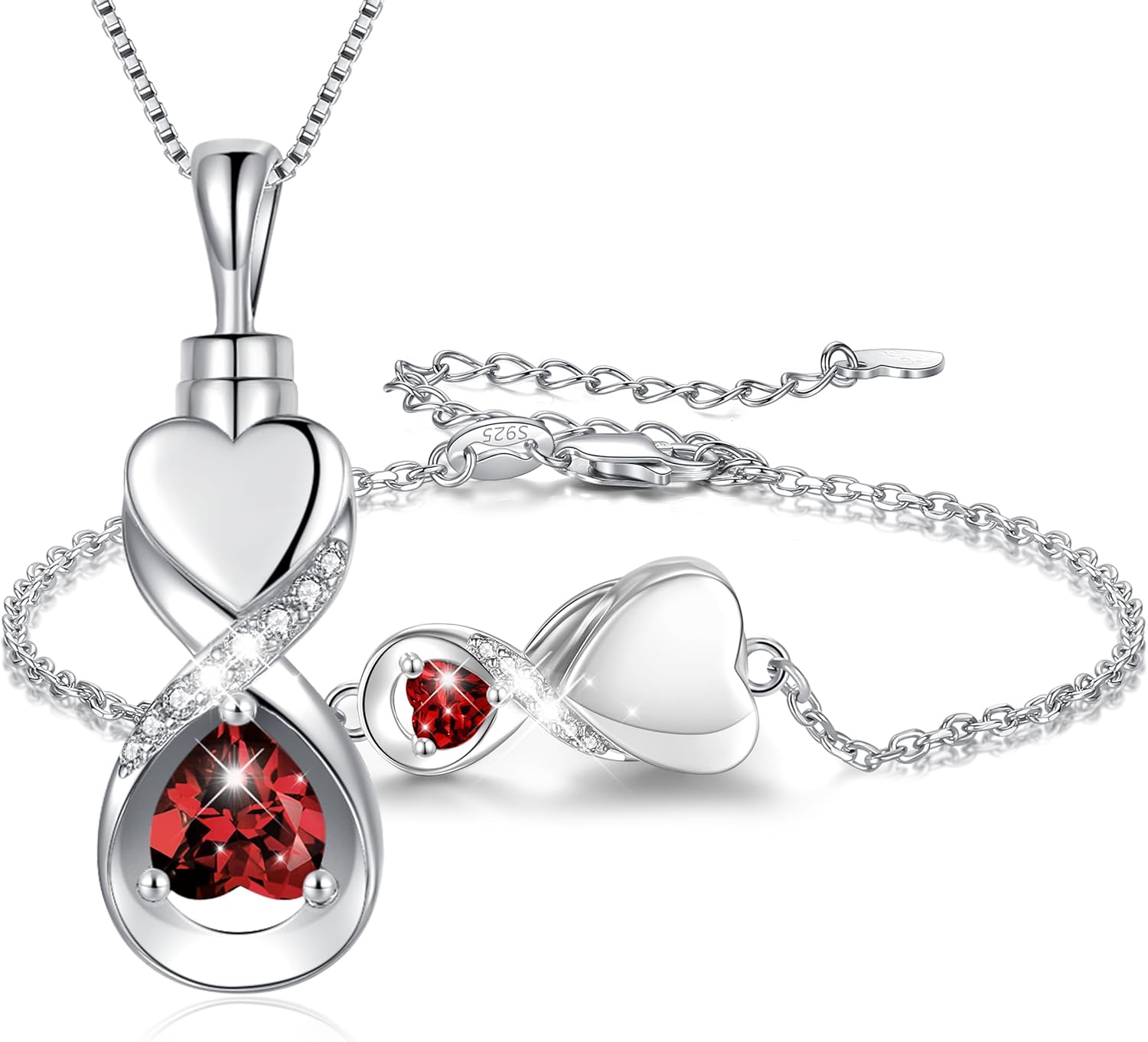 Sterling Silver Cremation Bracelet and Necklace for Human Ashes: Infinity Ruby Heart Urn Jewelry for Women - Ashes Keepsake Memorial Funeral Jewelry Gifts for Women