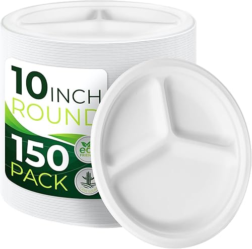 150 piezas 100% compostables platos de papel de 10 pulgadas, platos de fibra de caña de azúcar resistentes desechables ecológicos biodegradables de