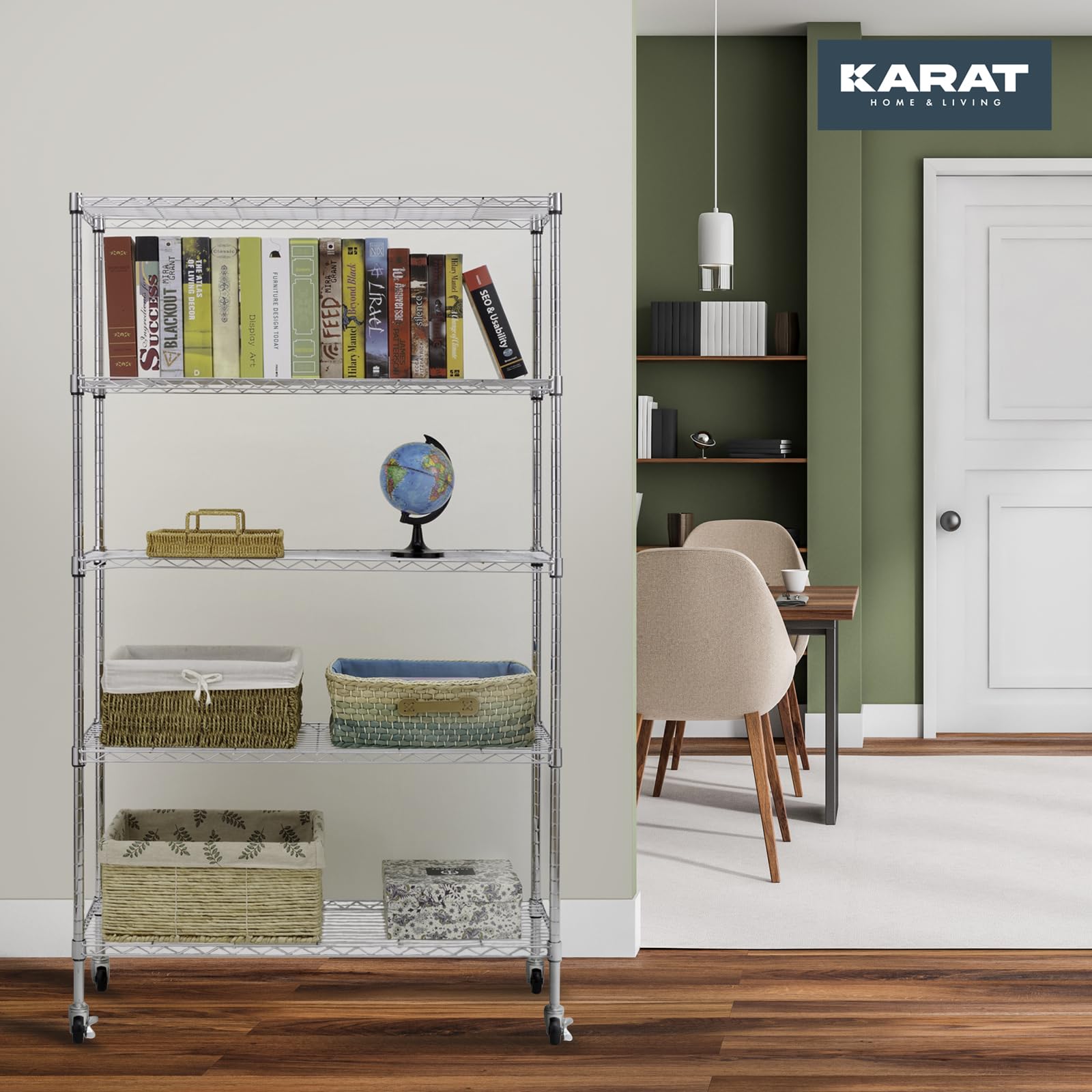 KARAT Scaffalatura su rotelle, in Metallo con 5 Ripiani, Carrello per Cucina, Bagno, Cantina, ripostiglio Fino a 120 kg, Carrello da Cucina su Ruote, Cromato 89 x 34 x 150 cm