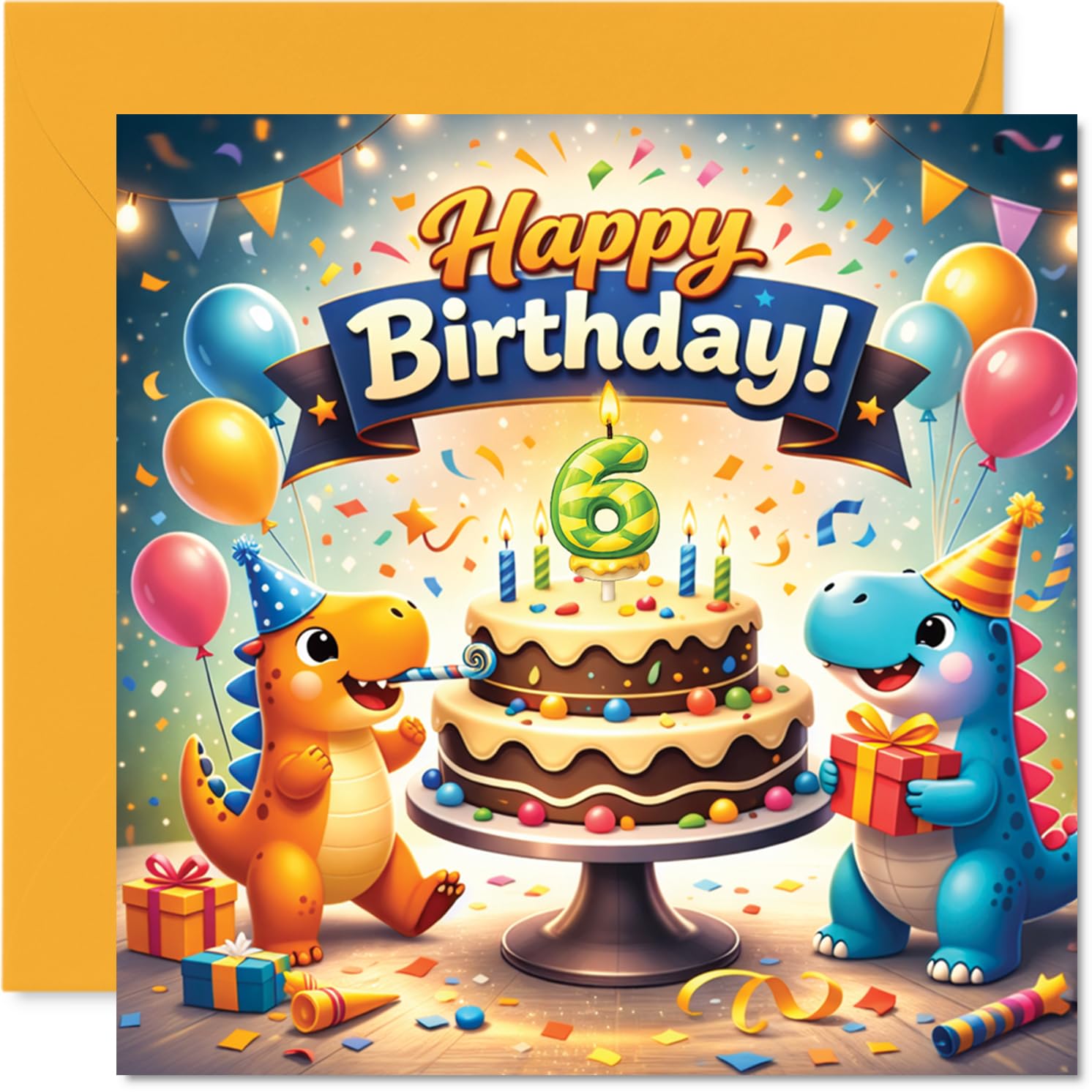Playful 6th Birthday Card - Dino Party Fun - Colourful Dinosaurs with Cake and Balloons - Bursting with Birthday Cheer - 145mm Square, Envelope Included