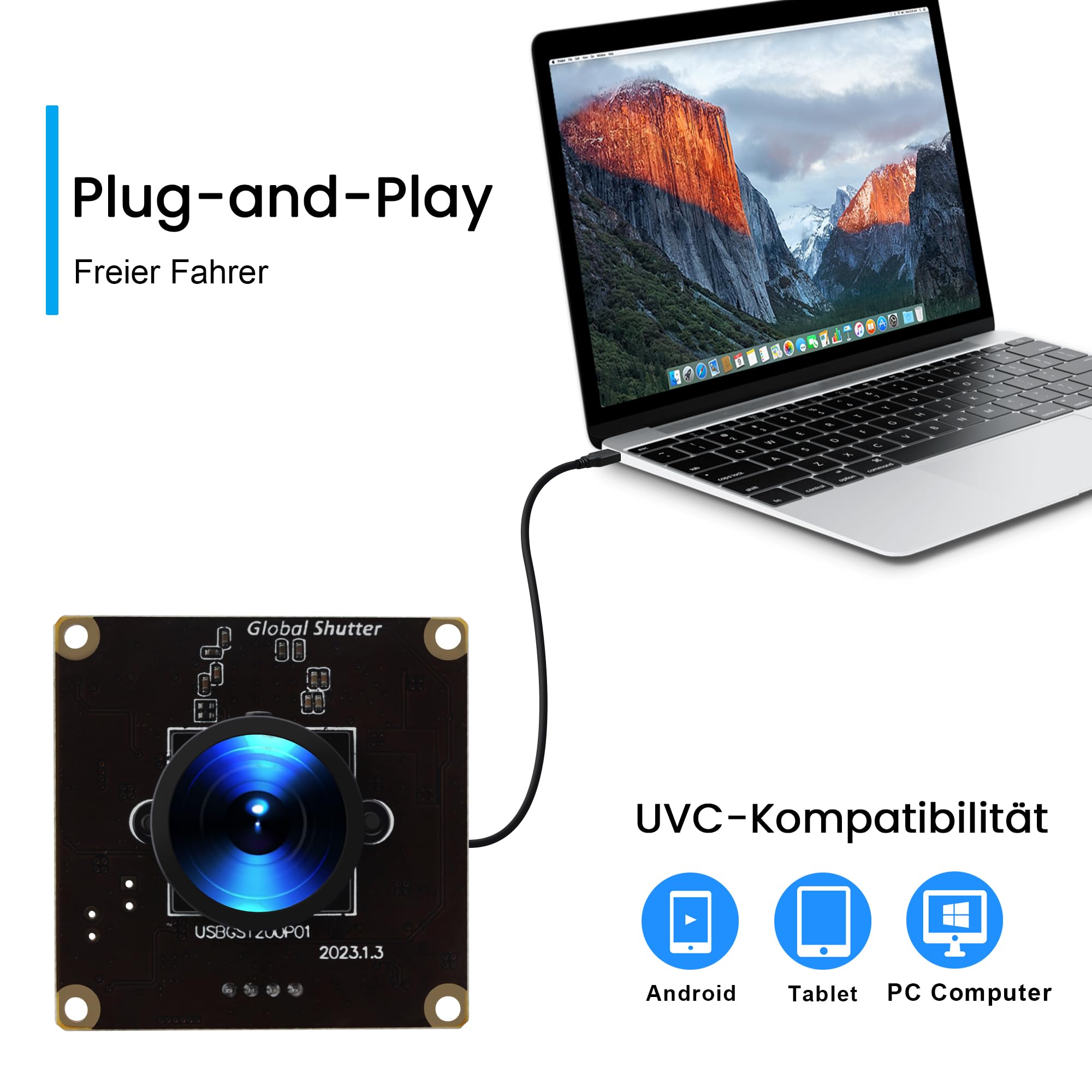 Hochgeschwindigkeits Kamera Globalverschluss 126° Weitwinkel | 1200P 90 FPS, 2MP 126°Weitwinkel, Lightburn Kamera, für Golfschwung & Motion Capture, kompatibel mit PC, Laptop, Raspberry Pi