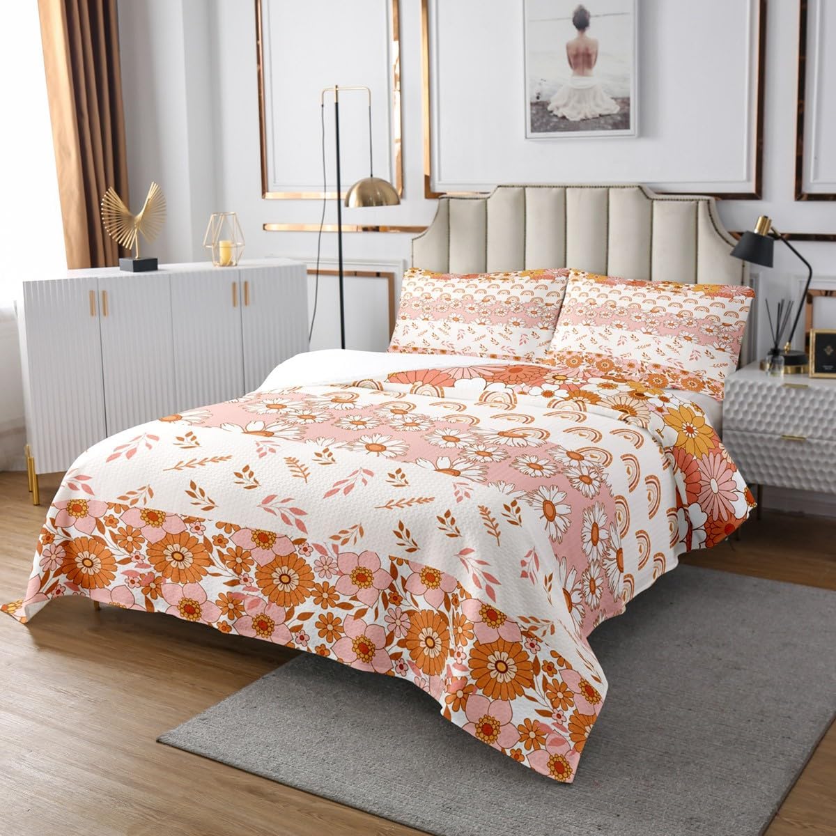 Retro Hippie Floral Bedspread Twin Size,Rainbow Daisy Leaves Bedding Set for Kids Girls Boys Teens Room Decor,Patchwork Striped Bohemian Comforter Set Pink Orange Deep Pocket Sheet,1 Pillowcase