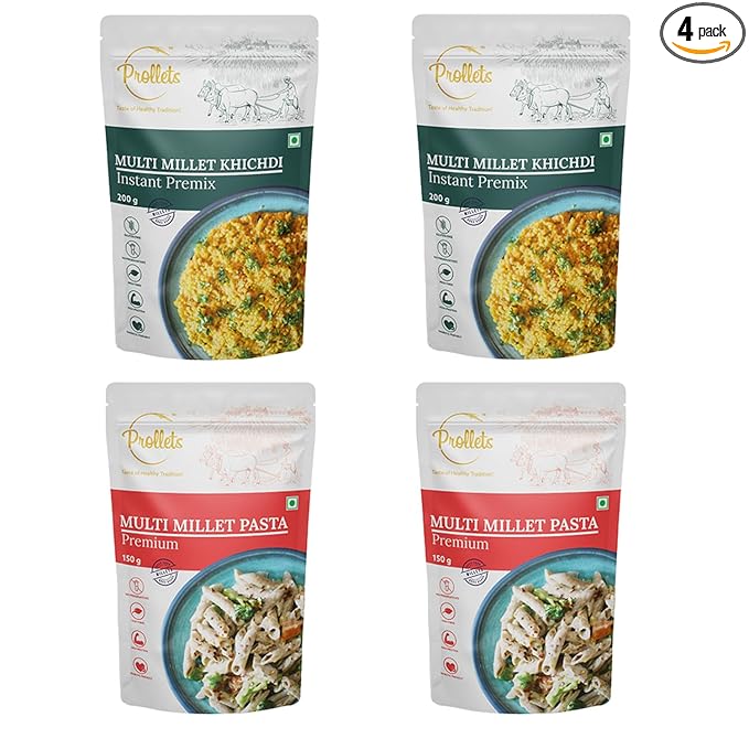PROLLETS Multi Millet Khicadi Instant Premix (200gm x 2 Pack) | Multi Millet Pasta (150gm x 2 Pack) | (Pack of 4) 700gm