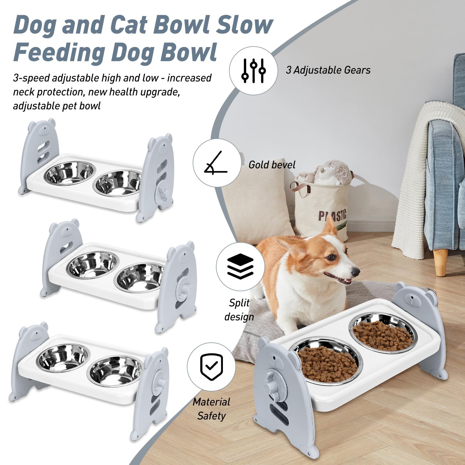 Raised dog Bowl, elevated dog bowls 3-Level Adjustable, dogs Feeding Station, 2 Stainless Steel Pet Bowl - Image 2