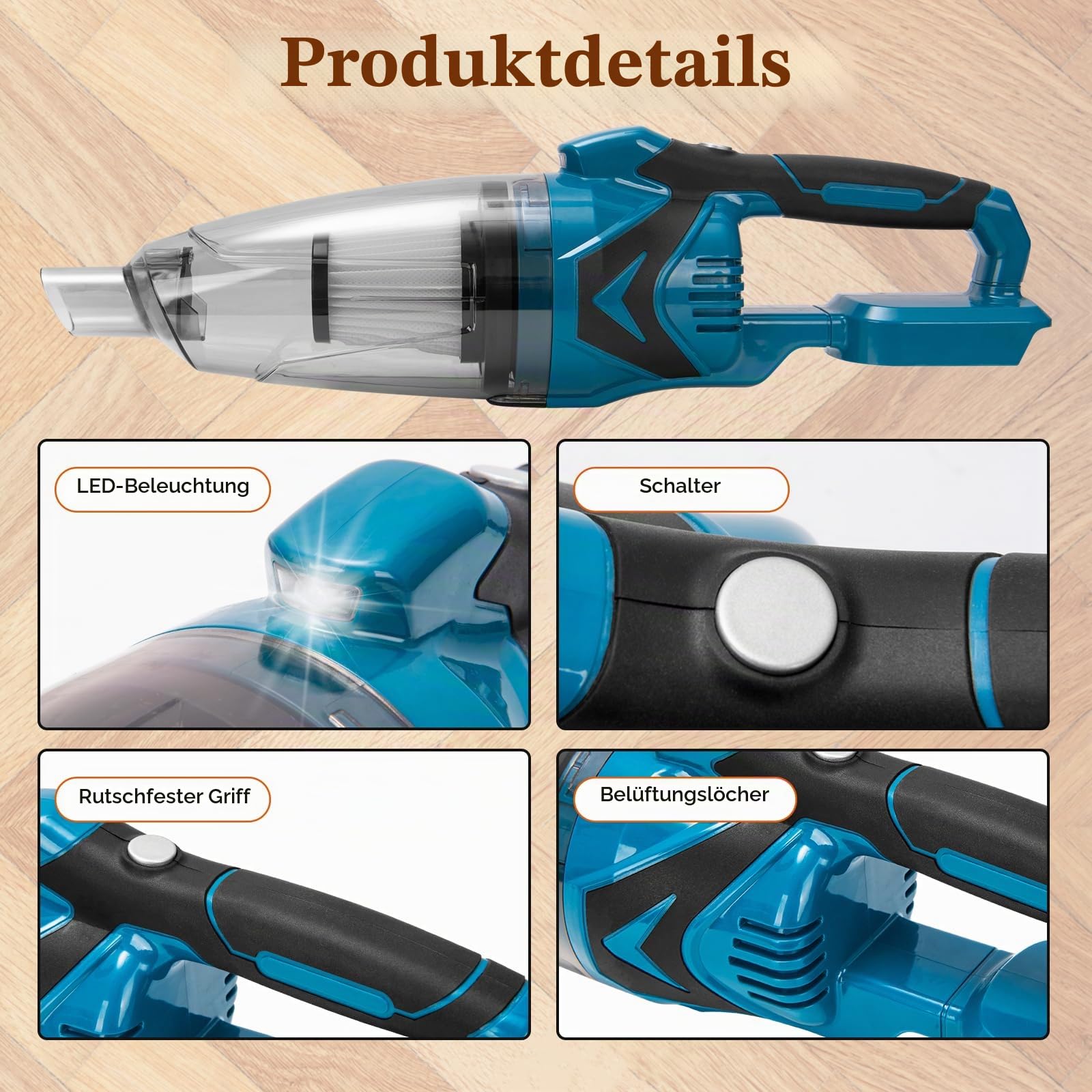 4-in-1 Akku Staubsauger für Makita 18V, Multifunktionaler Handstaubsauger mit 10000Pa Saugleistung, LED, Fugendüse, Polsterdüse, Bodendüse für Zuhause, Auto, Tierhaare (ohne Akku)