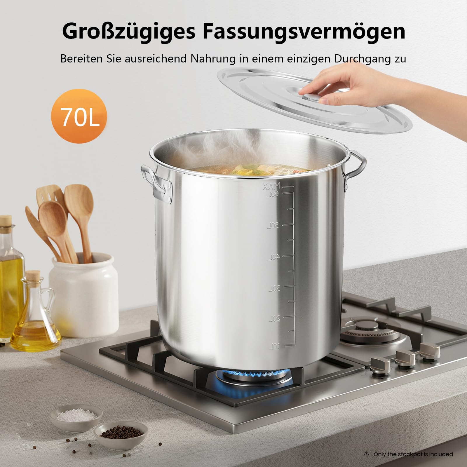 Edelstahl Suppentopf 70L, Kochtopf Groß Induktion mit Griffen, Ø 45cm, Hohe: 45cm, Sinkendeckel, Polierte Oberfläche, für Gasherden, Elektroherden, Induktionsherden