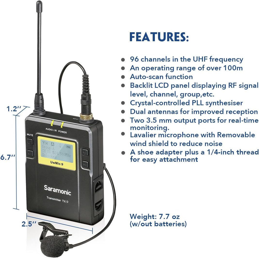 Saramonic UWMIC9 TX9 Transmitter with dimensions and features listed. The image highlights the 96 channels, 100m operating range, auto-scan, backlit LCD, PLL synthesizer, dual antennas, dual 3.5mm outputs, lavalier mic with windscreen, and shoe adapter. Dimensions are 6.7 inches height, 2.5 inches width, 1.2 inches depth, and a weight of 7.7 oz without batteries.