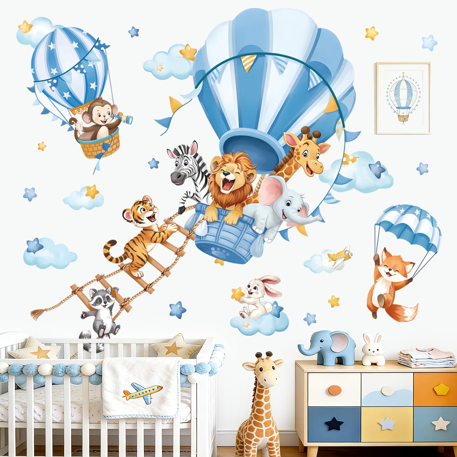 decalmile Stickers Muraux Animaux Montgolfière Bleu Autocollant Mural Lion Éléphant Singe Nuages Étoile Décoration Murale Chambre Salle de Jeux Bébé Pépinière - 2