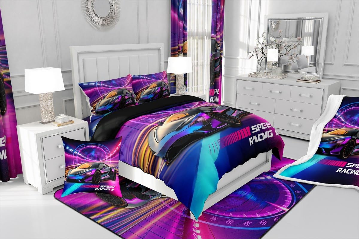 Boys Racing Car Comforter Set,Cool Speed Race Car Bedding Set Queen Size for Kids Boys Girl Teens Bedroom,Blue Purple Speed Dashboard Sports Cars Down Comforter,Automobile Extreme Sport Quilted Duvet