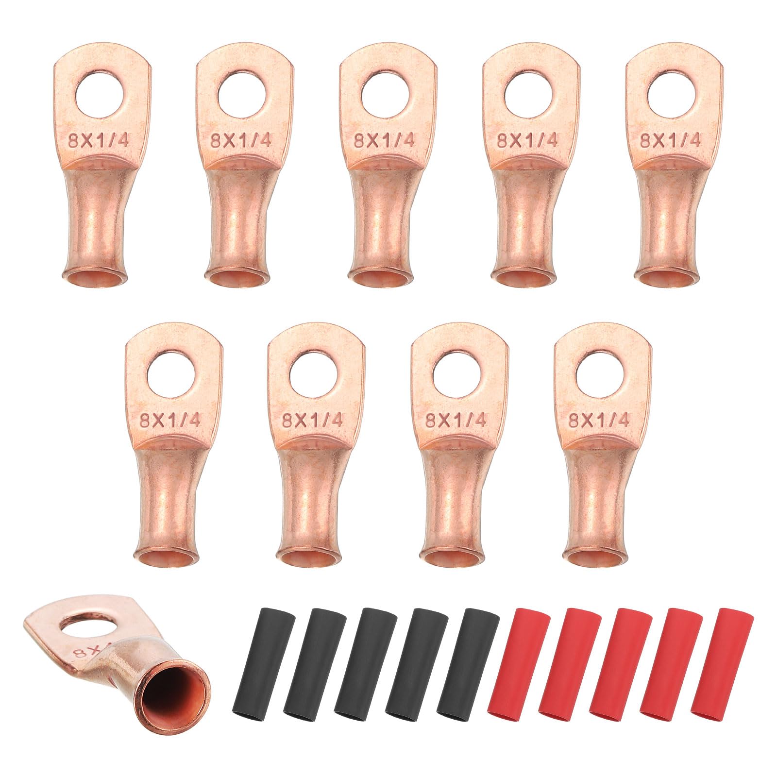 sourcing map 10pcs 8 AWG M6 Battery Lugs Ring Terminals, 1/4" 6mm Stud Crimp Wire Terminal Connector End Copper, 2:1 Heat Shrink Tubing, Gold