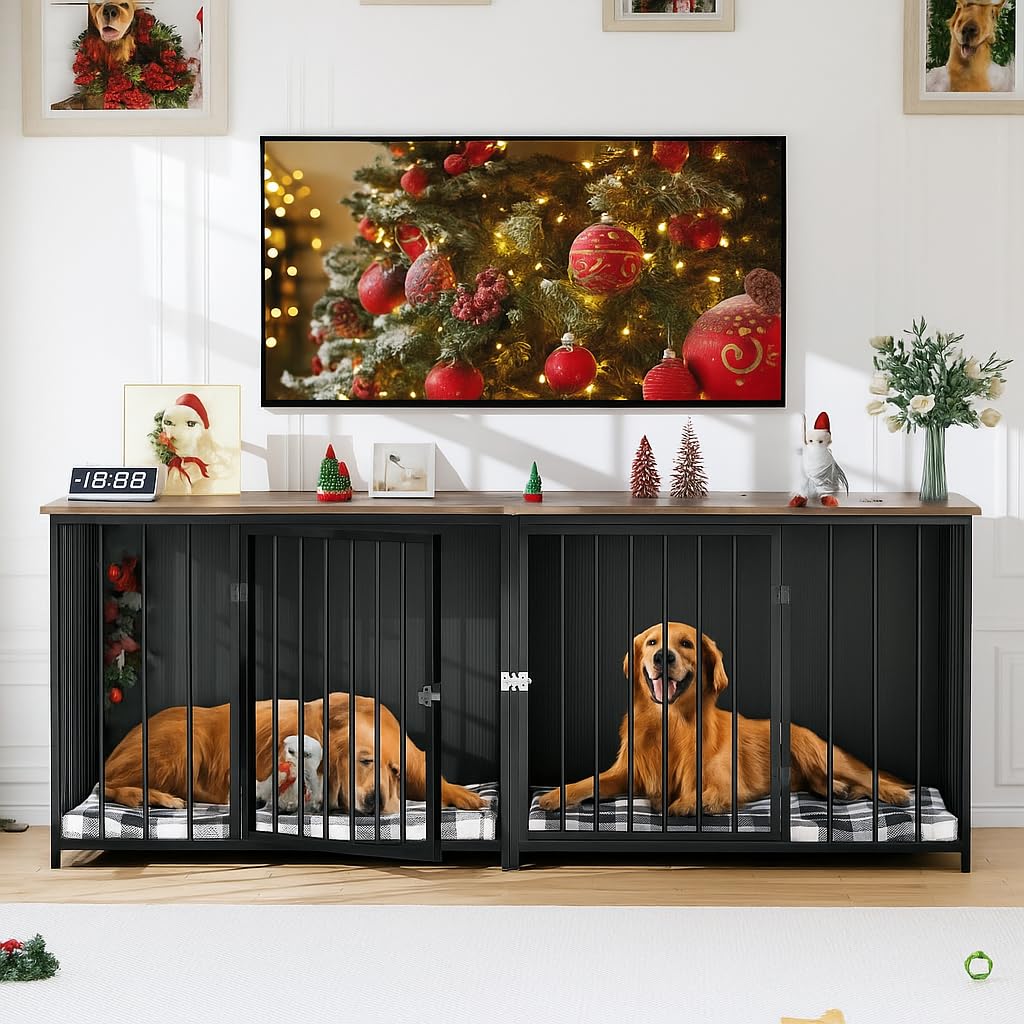 DWVO Double Dog Kennel Furniture, 80.2" Dog Cage Furniture with Divider, Double Dog Crate TV Stand for 2 Medium Dogs, Black