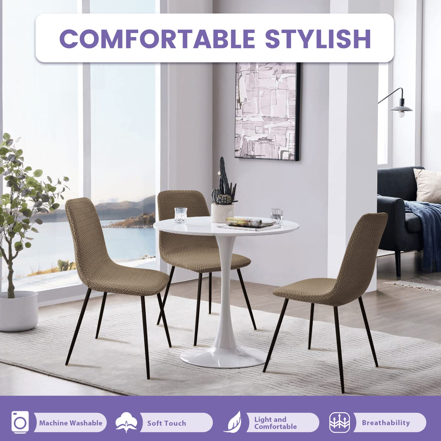 Coprisedie con Schienale 4 Pezzi, Jacquard Copertura delle Sedia Lavabile Estraibile Coprisedia Moderna Coprisedia per Sala da Pranzo Elastica Fodere per Sedia Adatta per Casa,Hotel,Festa(T-Kaki,4PCS)