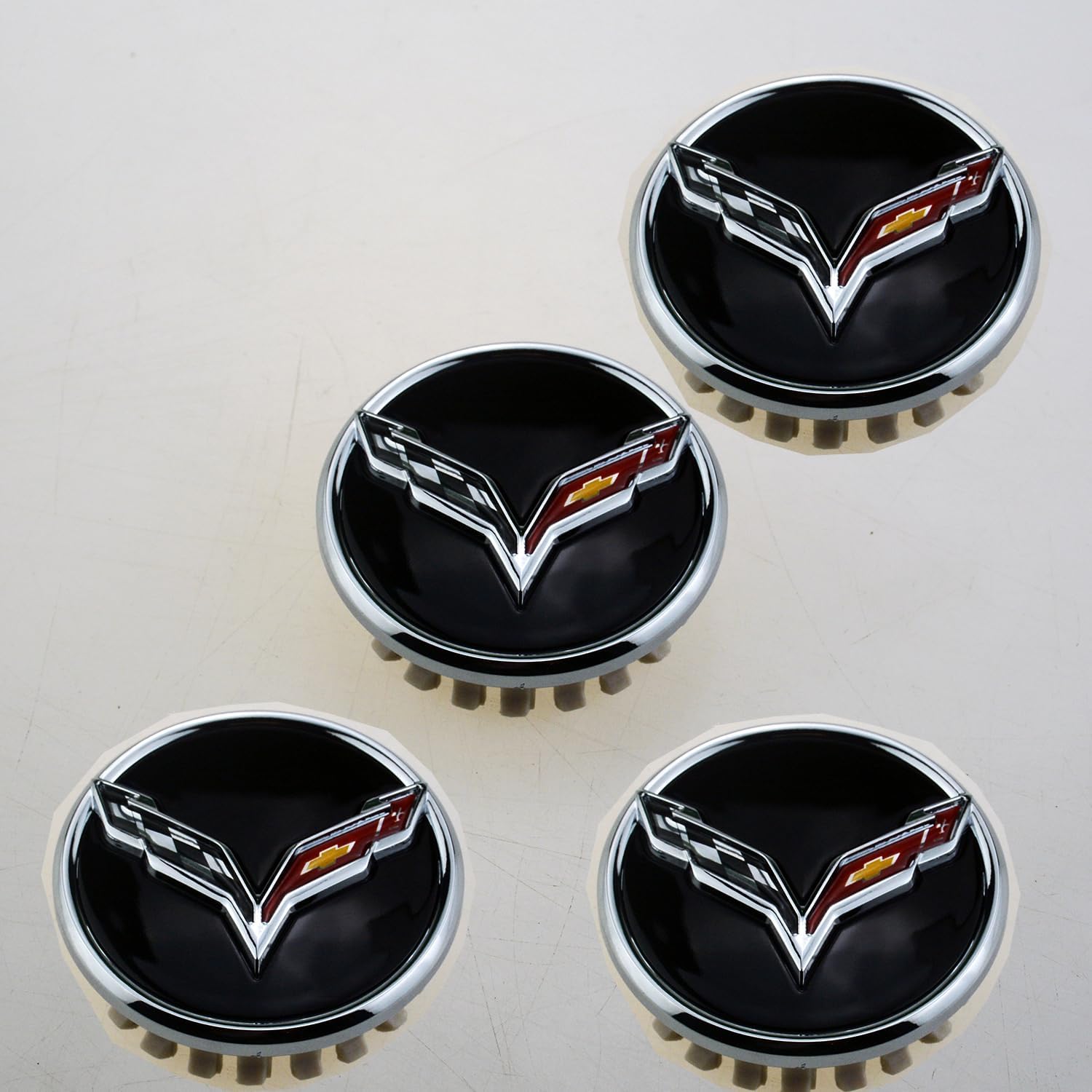 4Pc 2014+ C7 Corvette Stingray Center Caps w/Crossed Flag Logo Trim Set 23217059 (Chrome)