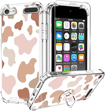 KANGHAR Case for iPod Touch 7/6/5, Pink Brown Cute Cow Print | Screen Protector, Kickstand Ring Holder, Soft TPU Bumper Shockproof Cover