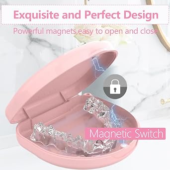 Retainer Case, Slim Aligner Cases for Invisalign, Mouthguard Case with Removal Tools& Aligners Chewies& Brush, Cases with Ventilation Holes and Silicone Wrist Strap for Portable Travel (Pink)